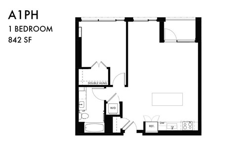 Floor plan for 1 bed, 1 bath, 842 sqft